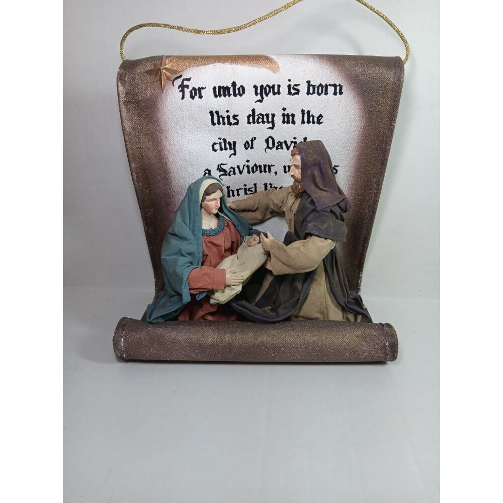 Christmas Nativity Jesus, Mary, Joseph Scroll Display Fabric Mache Vintage